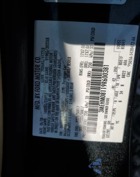 2009 Mercury Milan Premier из США, поврежденный, VIN 3MEHM08119R600381